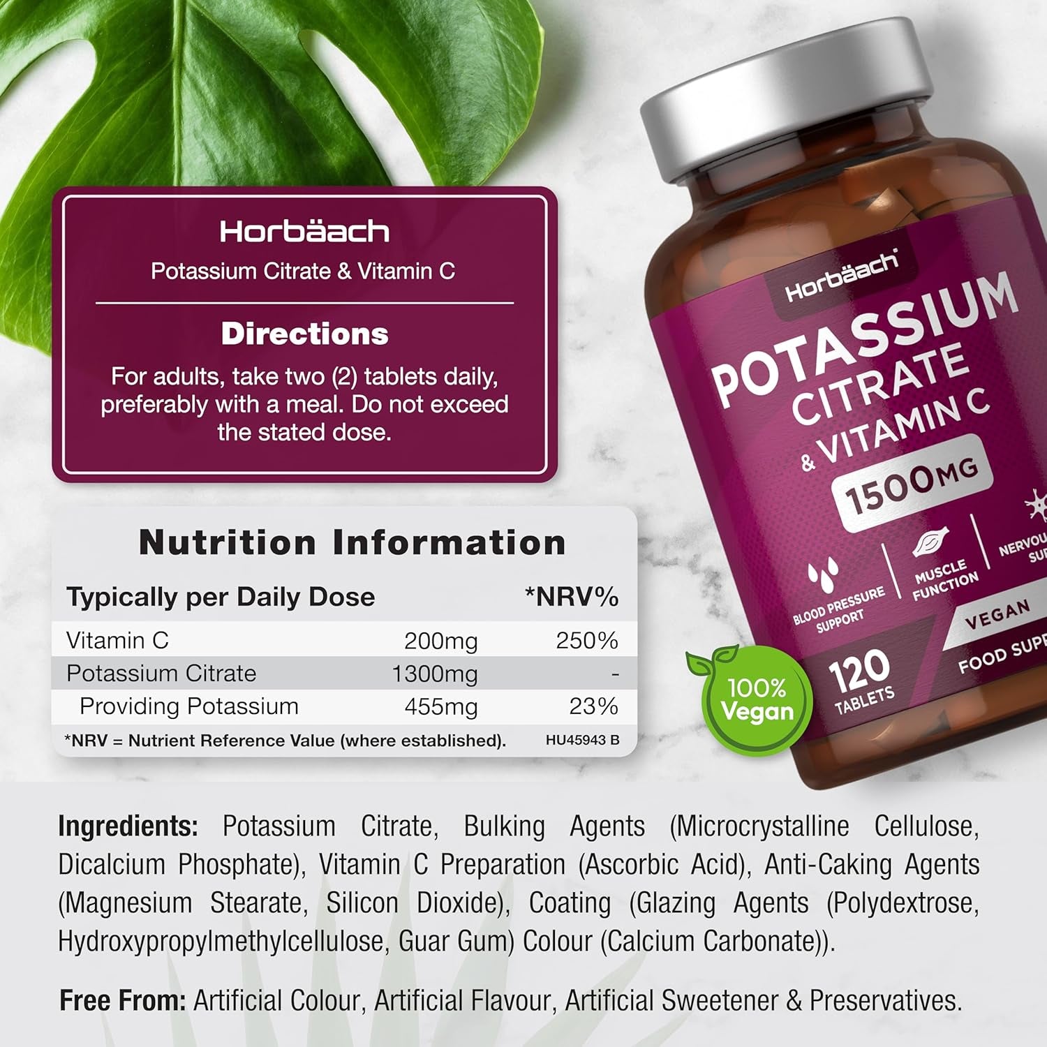 Potassium Supplement High Strength 1500Mg with Vitamin C | Electrolyte Tablets | Potassium Citrate | 120 Count | 100% Vegan | by Horbaach