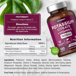 Potassium Supplement High Strength 1500Mg with Vitamin C | Electrolyte Tablets | Potassium Citrate | 120 Count | 100% Vegan | by Horbaach