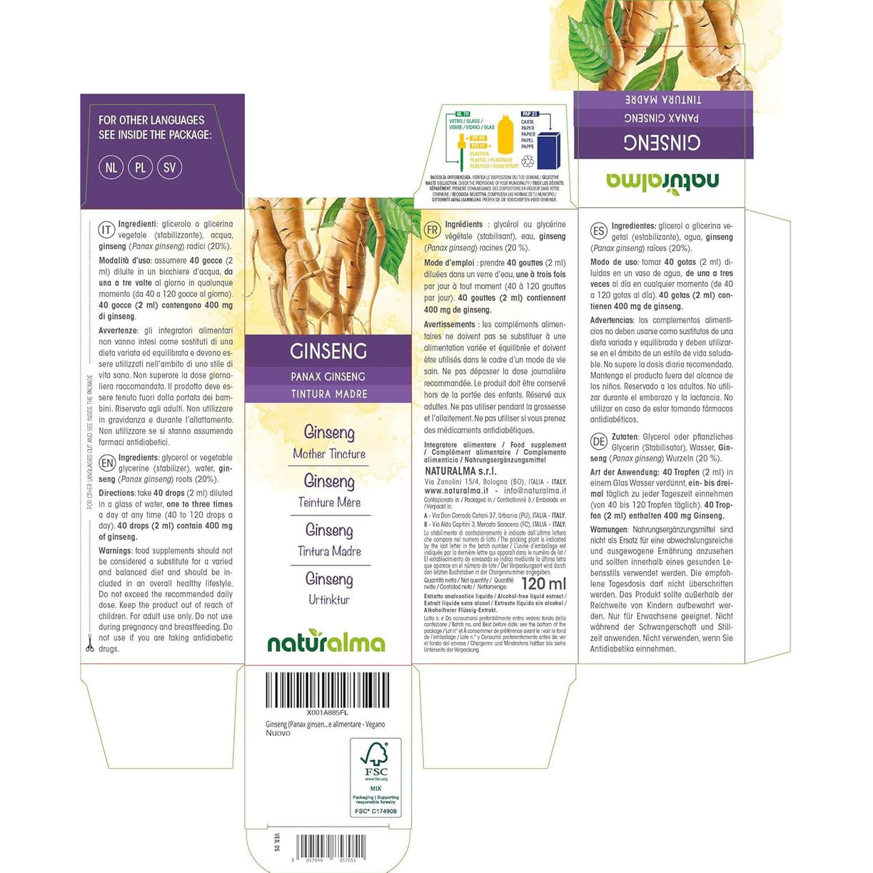 Ginseng (Panax Ginseng) Roots Alcohol-Free Mother Tincture Naturalma - Liquid Extract Drops 120 Ml - Food Supplement - Vegan