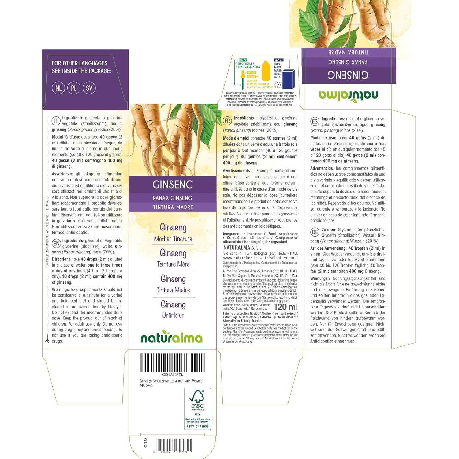 Ginseng (Panax Ginseng) Roots Alcohol-Free Mother Tincture Naturalma - Liquid Extract Drops 120 Ml - Food Supplement - Vegan