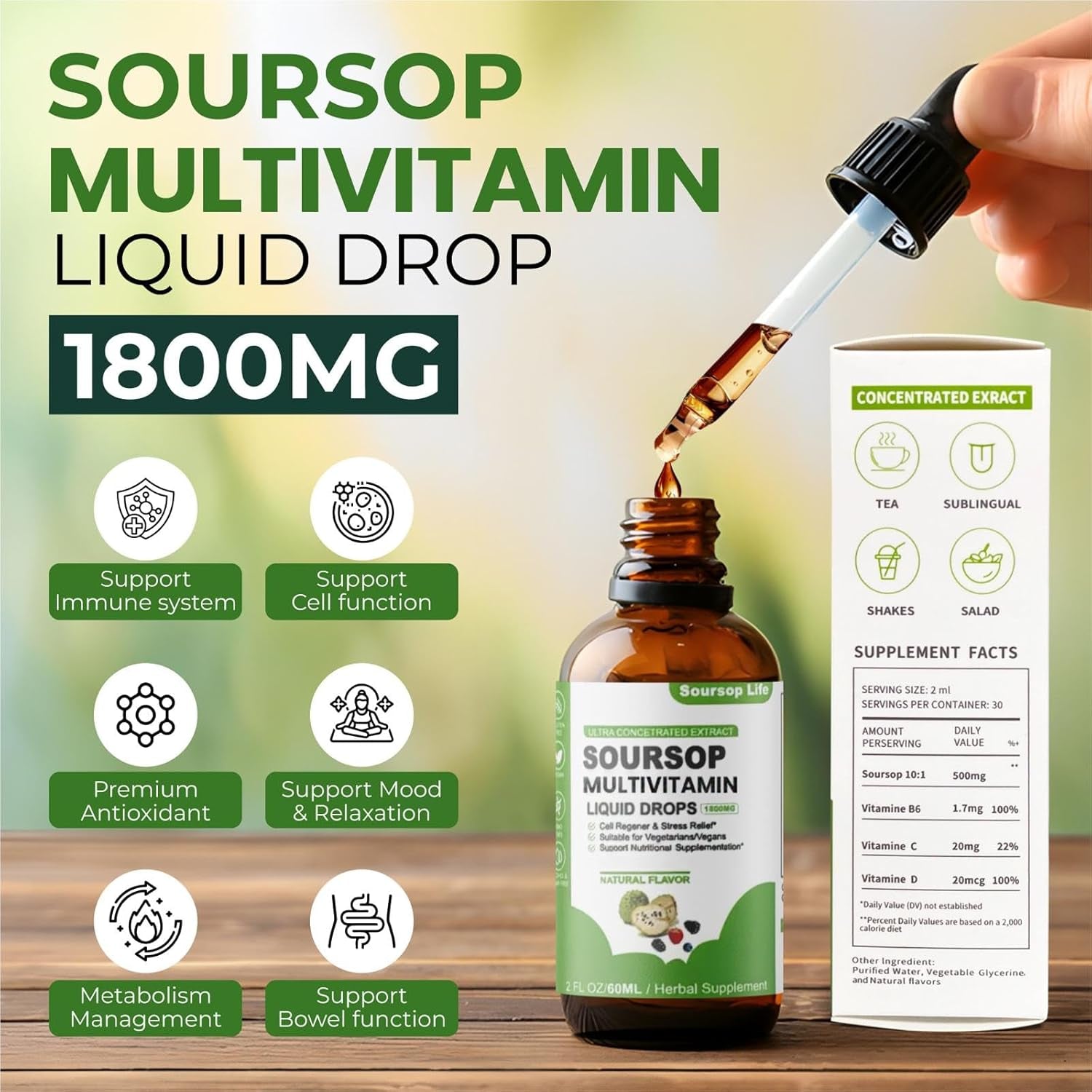 Soursop Multivitamin Drop Natural Energy Booster, Immune Support, Vegan,Gluten Free,Non-Gmo Vitamin B6,C,D, 60Ml