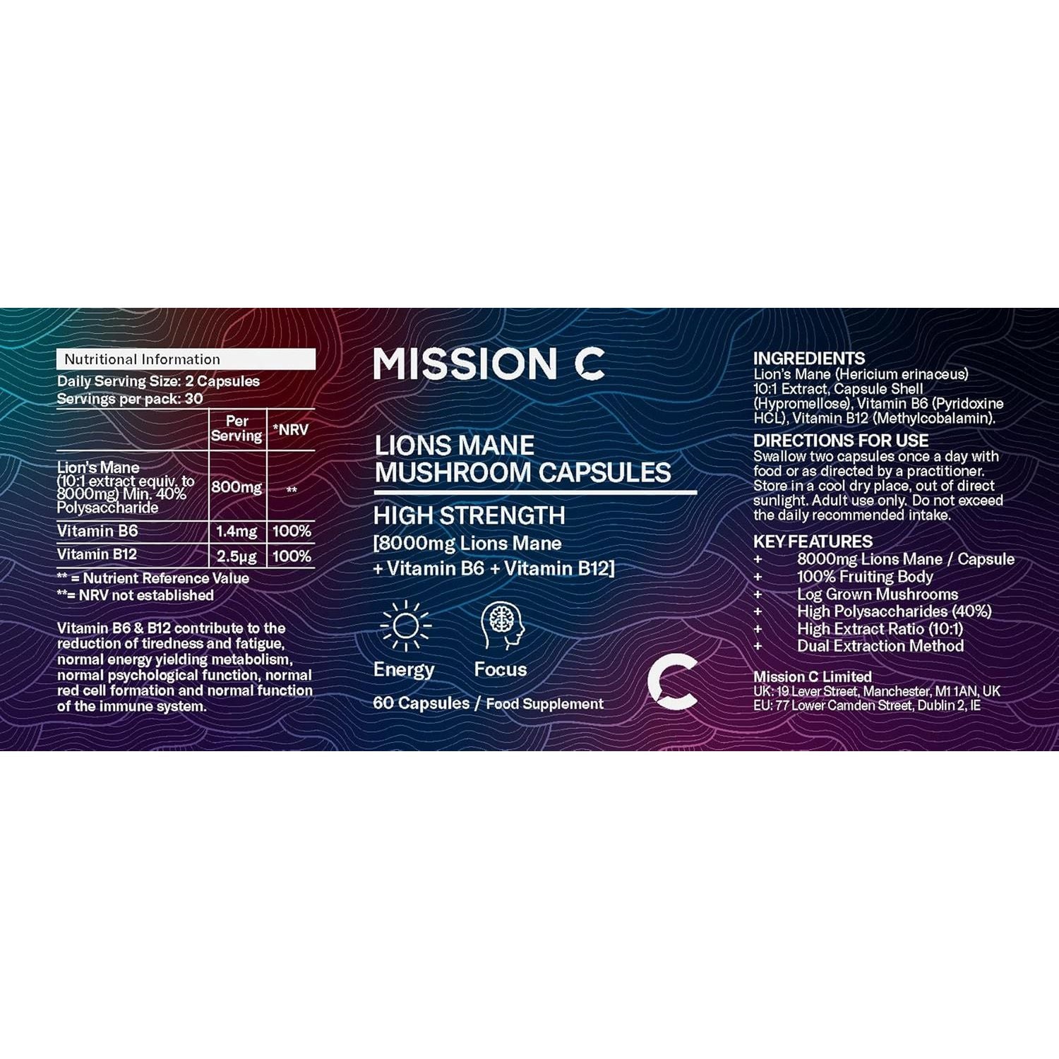 Lions Mane Mushroom Capsules 8,000Mg with Added Vitamin B6 and B12 | Nootropic Supplement for Cognition, Mood, Immunity & Inflammation | 60 Two-A-Day Vegan Capsules - Mission C Lion'S Mane