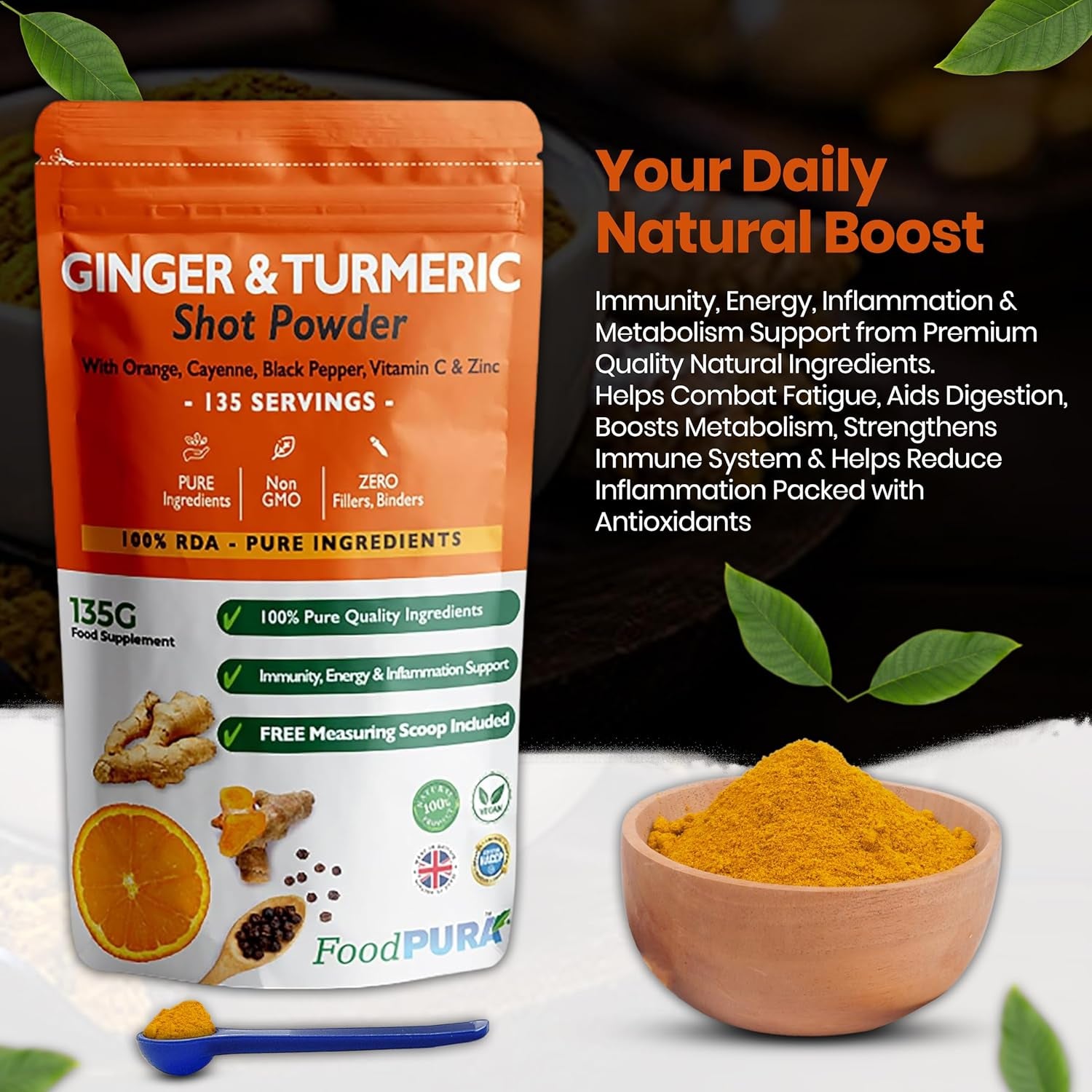 Foodpura 135G Ginger & Turmeric Shot Drink Powder 135 Servings with Orange Cayenne Black Pepper Vitamin C & Zinc 100% RDA Natural Supplement No Added Sugar Immunity Energy & Inflammation Support