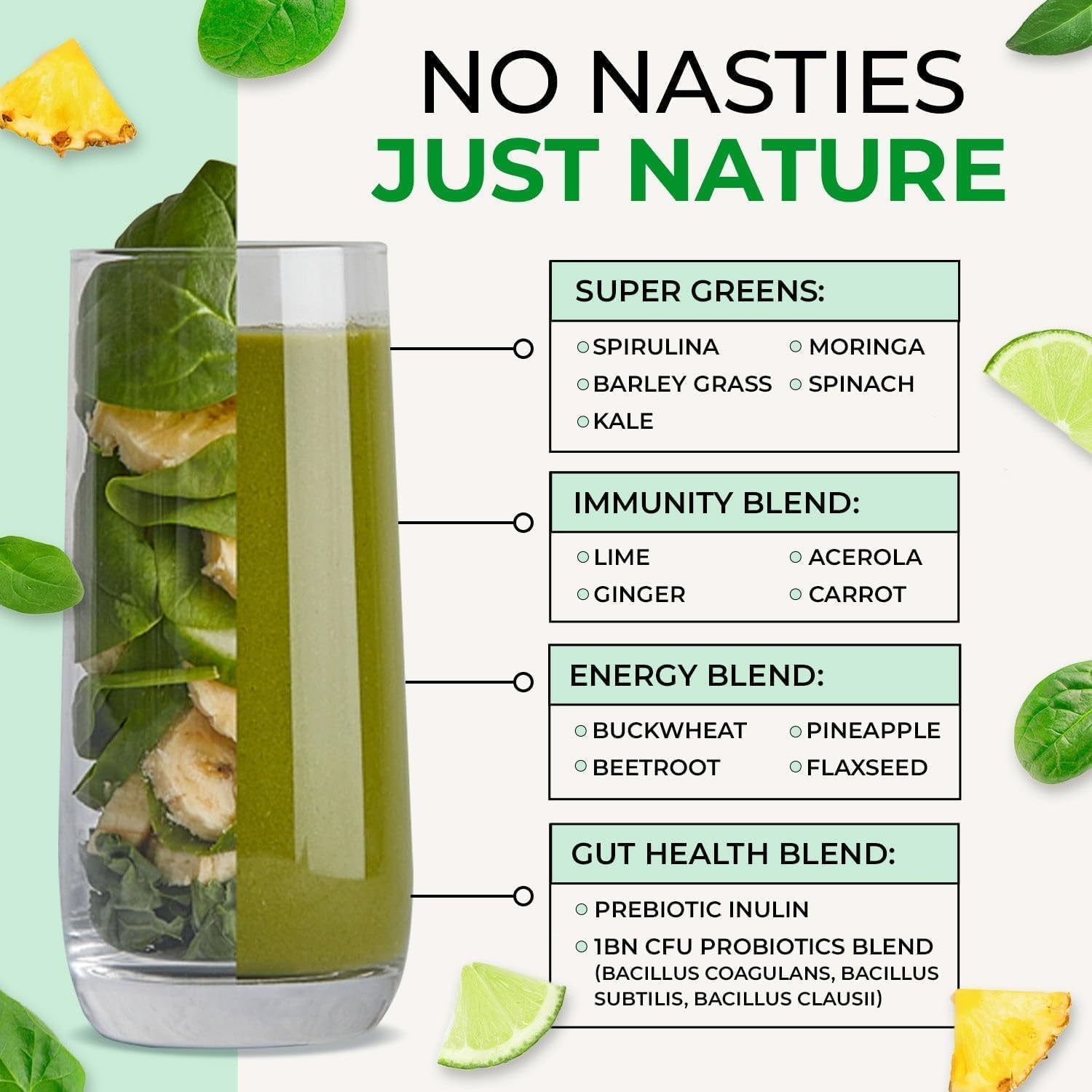 Inspiriko Super Greens Powder with 18 Natural Superfood Ingredients - Spirulina, Kale, Moringa - Green Powder Superfood with Probiotics, 150G, UK Made, Vegan - for Energy, Digestion, Immune Support