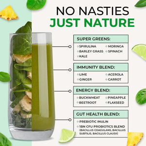 Inspiriko Super Greens Powder with 18 Natural Superfood Ingredients - Spirulina, Kale, Moringa - Green Powder Superfood with Probiotics, 150G, UK Made, Vegan - for Energy, Digestion, Immune Support