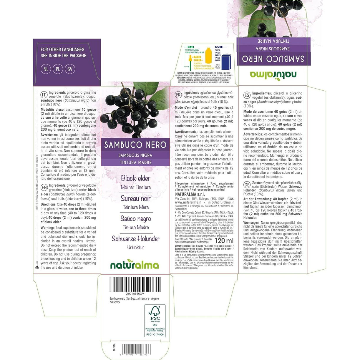 Black Elder (Sambucus Nigra) Flowers (Elderflower) and Fruits (Elderberry) Alcohol-Free Mother Tincture Naturalma - Liquid Extract Drops 120 Ml - Food Supplement - Vegan