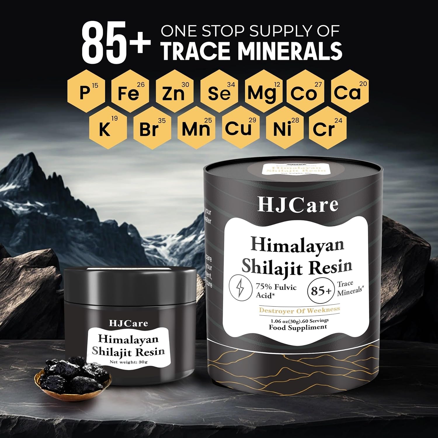 HJCARE Himalayan Shilajit Resin 30G - 100% Pure Gold Grade for Men & Women, 60 Servings for Energy Boost & Immune Support, 75%+ Fulvic Acid & Vitality Booster