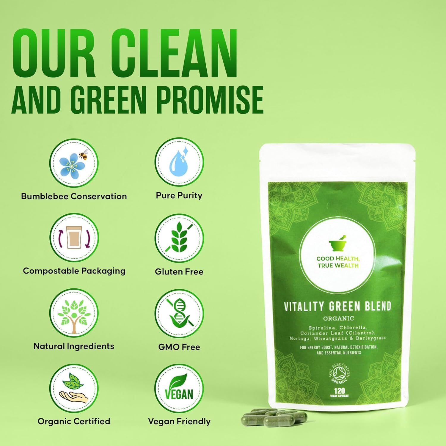 Organic Super Greens Capsules | Ultimate Green Blend of 6 Super Greens & Superfood Powder | 120 Capsules | Removes Toxins & Boost Energy | Gluten-Free, Vegan & Soil Association Certified
