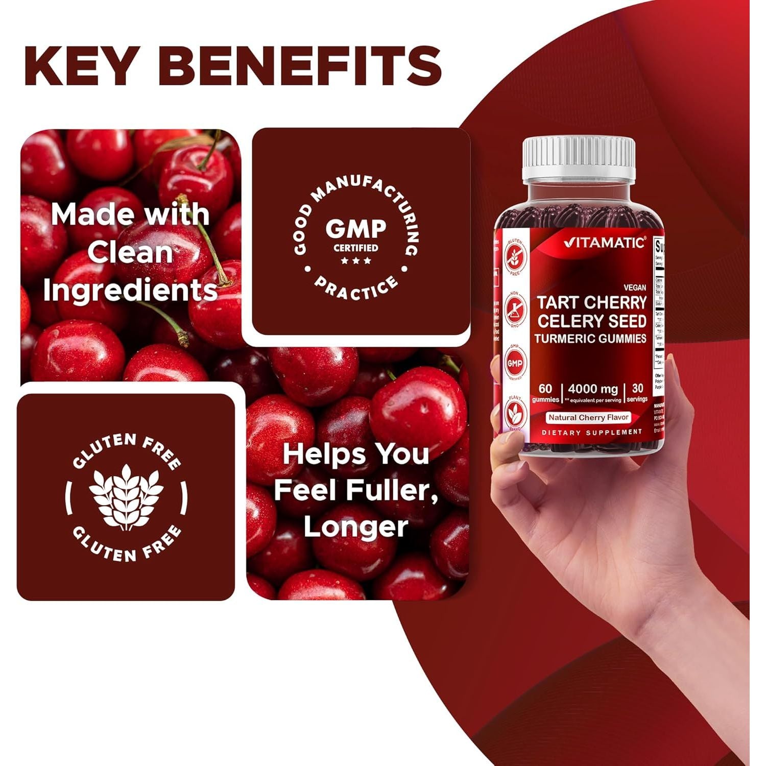 Vitamatic Tart Cherry with Celery Seed Gummies - 4000 Mg Serving - Powerful Uric Acid Cleanse for Joint Comfort, Healthy Sleep Cycles & Muscle Recovery