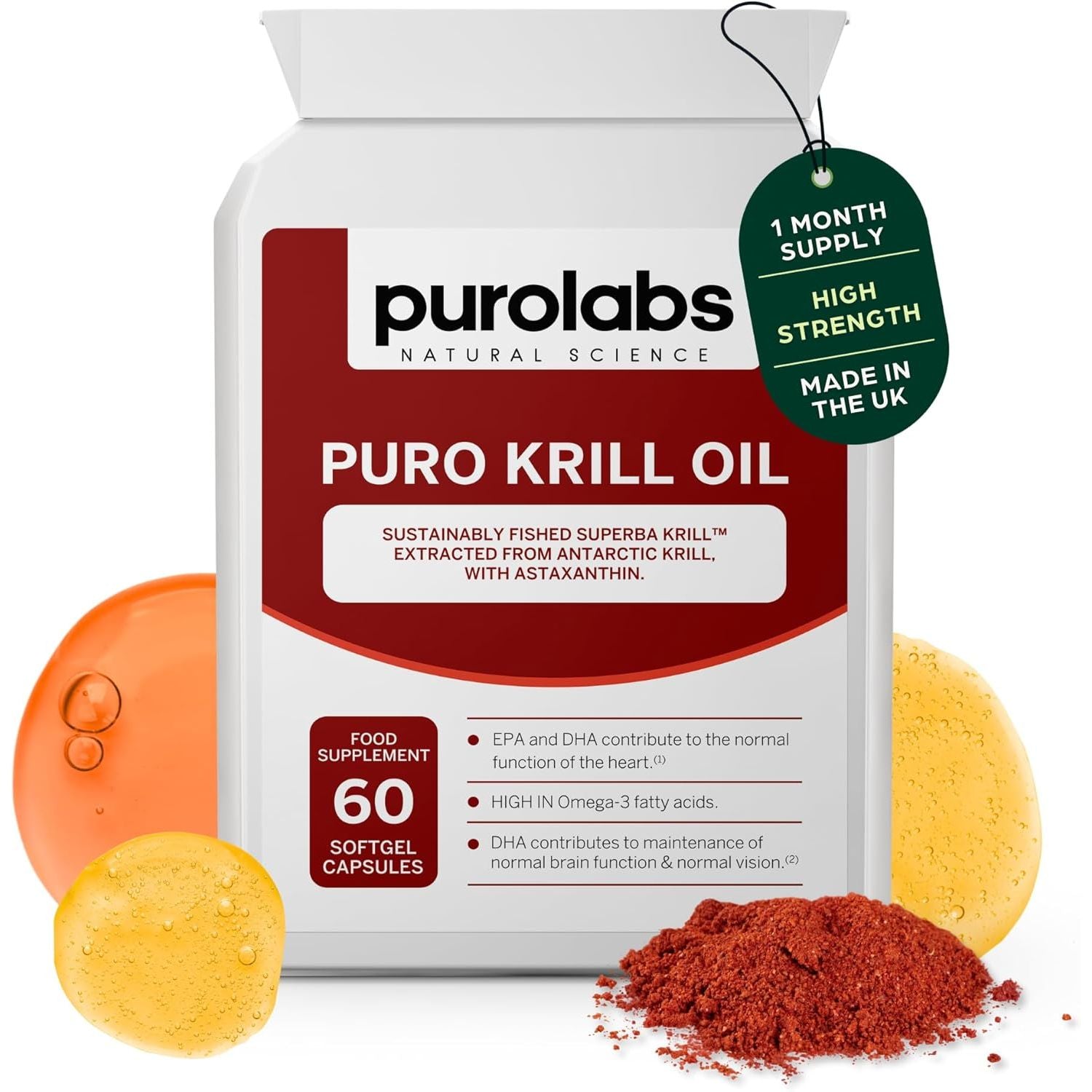 Purolabs Antarctic Krill Oil 1000Mg - High Strength Omega-3 (220Mg) with Phospholipids (400Mg) & Astaxanthin - Superba™ Sustainable Source - Heart, Brain & Eye Health - 60 Capsules