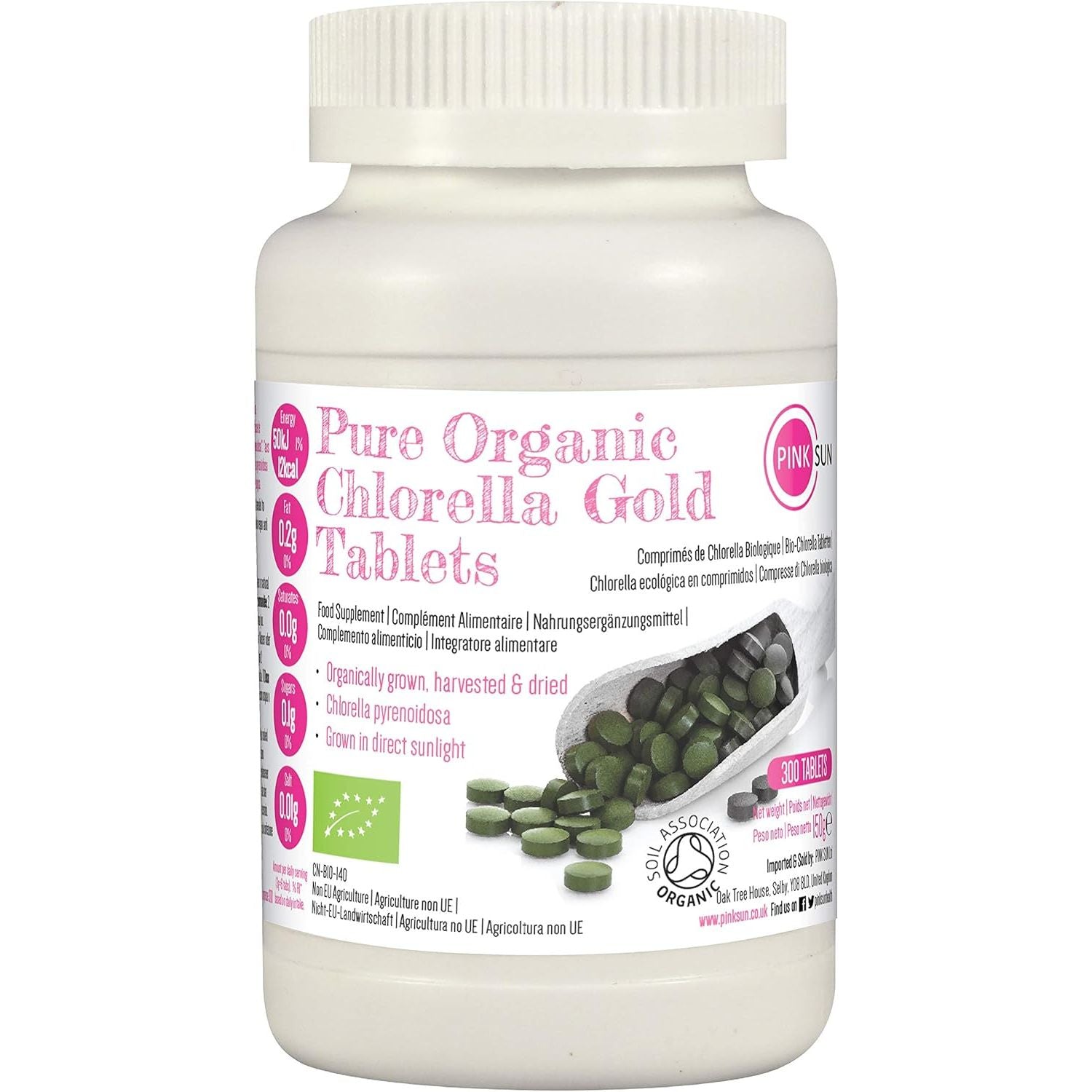 PINK SUN Organic Chlorella Tablets 500Mg X 300 Tabs Pyrenoidosa with Broken Cell Wall Cracked Gluten Free Non GMO Suitable for Vegetarians and Vegans Certified Organic by the Soil Association 150G
