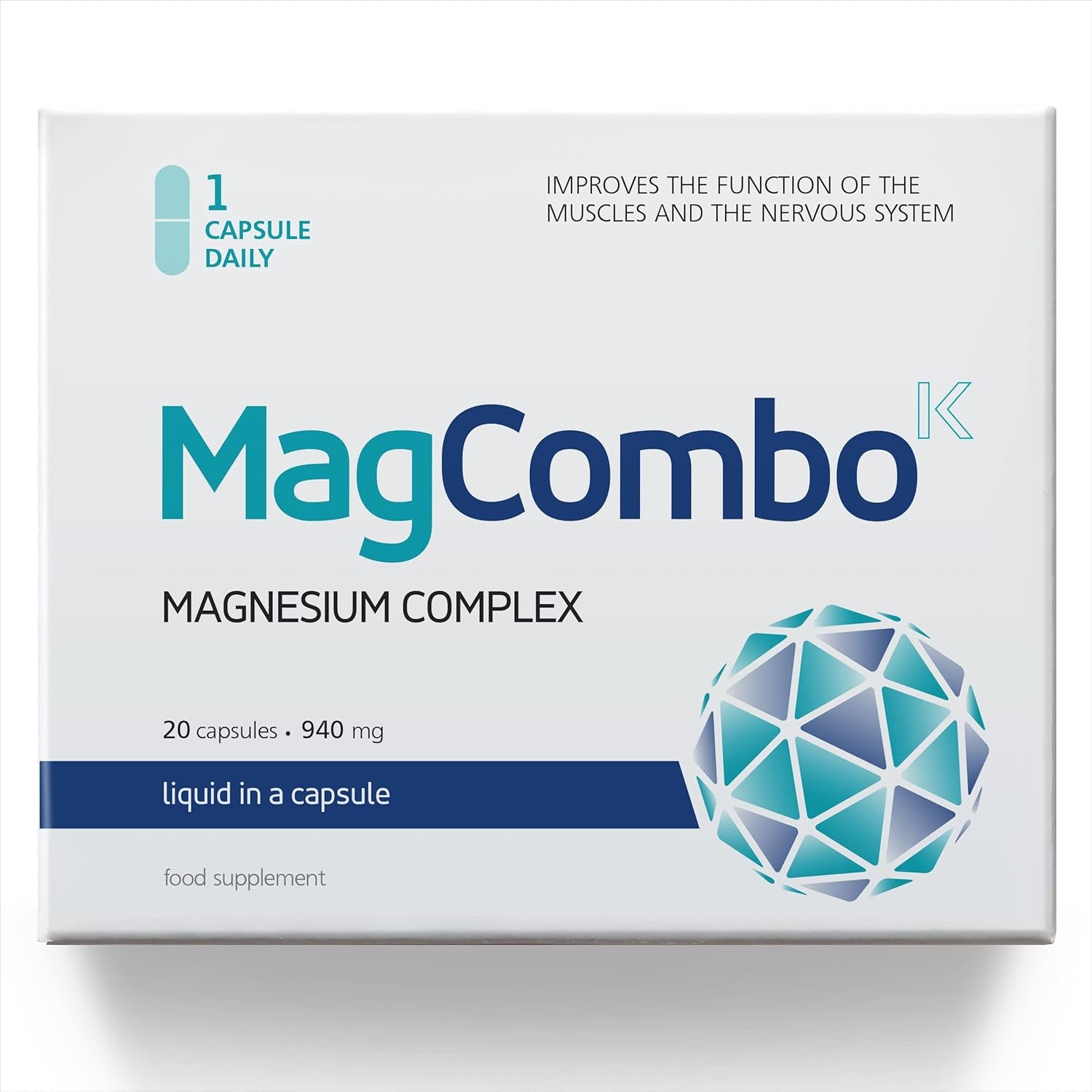 Magcombo - Concentrated Pure Magnesium, Special Oily Formula for Maximum Absorption, Enriched with Vitamins B2, B6, B12 and C, 1 Capsule Daily, Laboratory Tested