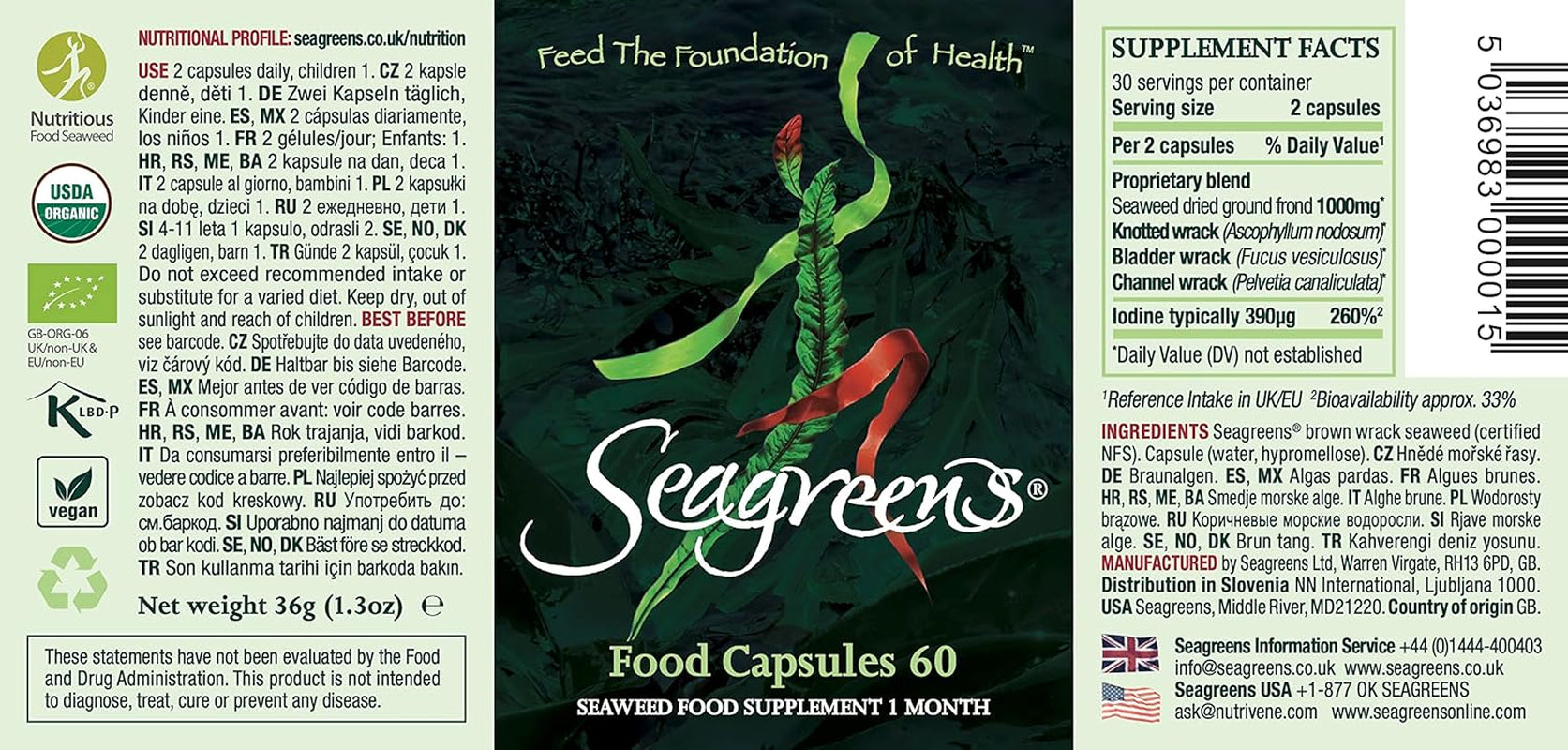Seagreens Seaweed Food Supplement, 1 Month Supply, 390Mcg Iodine, 11 Vitamins, 67 Minerals, Plant-Based, Vegan, Supports Metabolism, Thyroid & Digestion, 60 Capsules