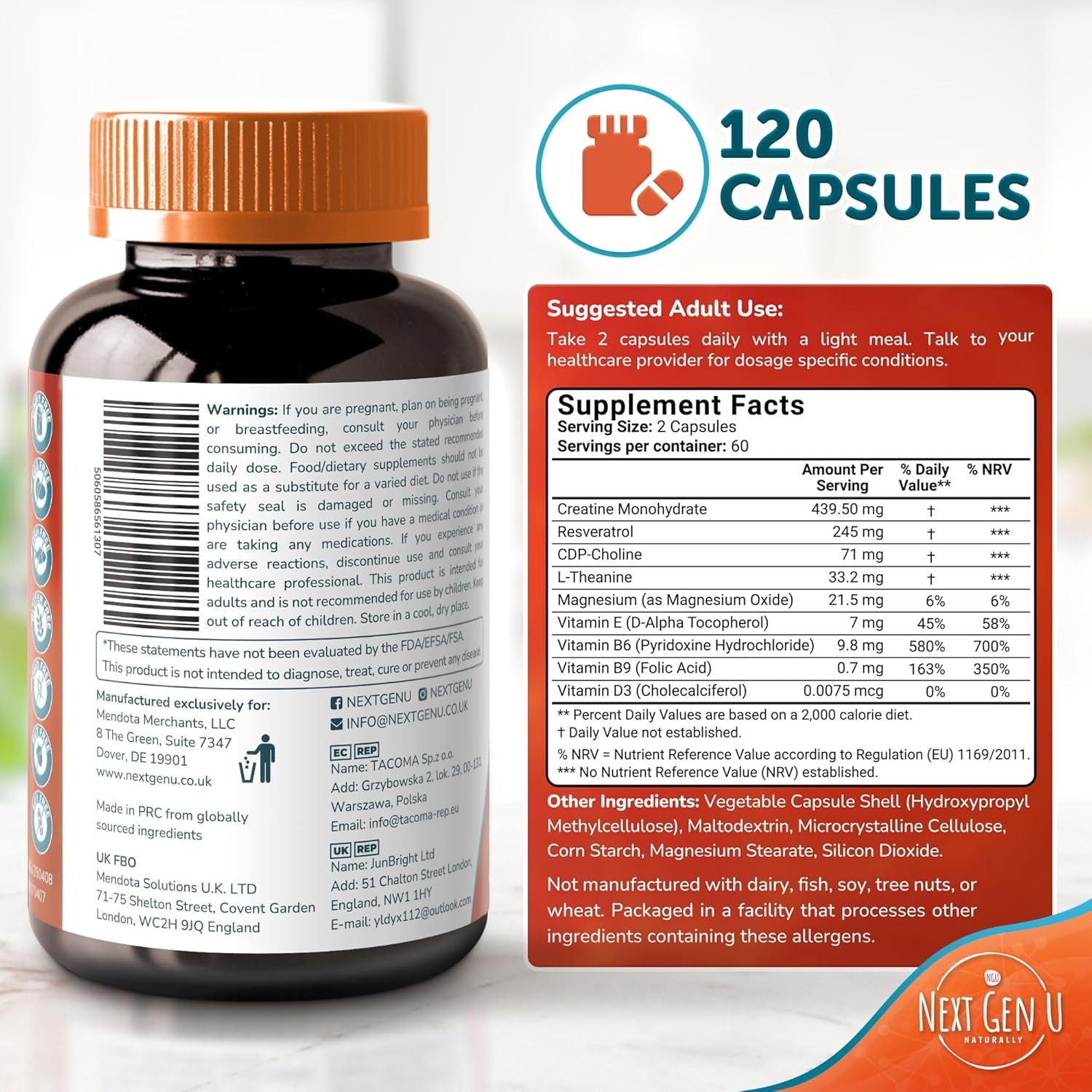 Brain Supplement - 120 Vegan Capsules - Dietary Nootropic May Help Memory, Cognitive Function & Focus - Formulation with Amino Acids, Polyphenols & B Vitamins - for Women, Men & Seniors - by Nextgenu