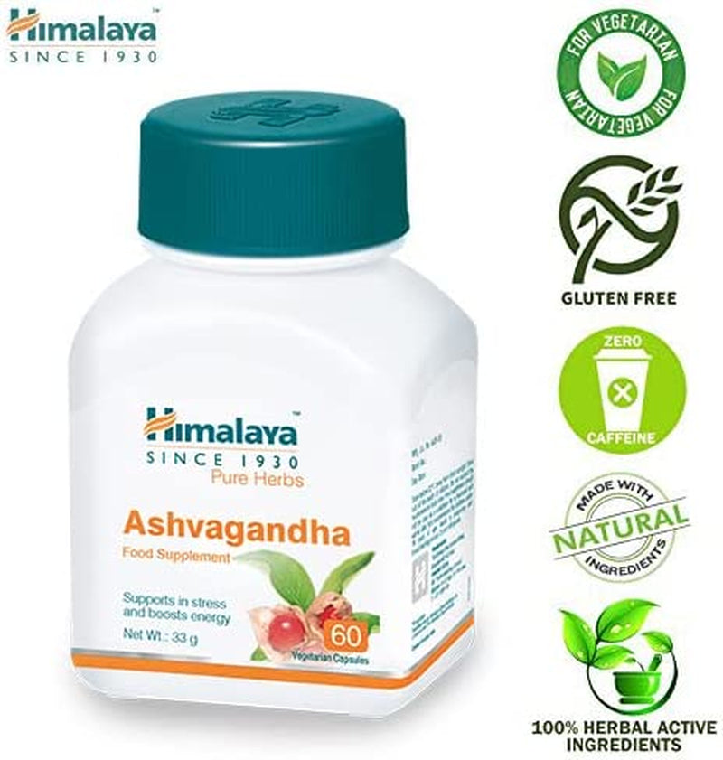 Himalaya Herbals Pure Herbs Ashvagandha Herbal Food Supplement | Helps Maintain a Healthy Balance and Healthy Sleep | Supports in Stress, for Daily Dose of Energy - 60 Vegetarian Capsules