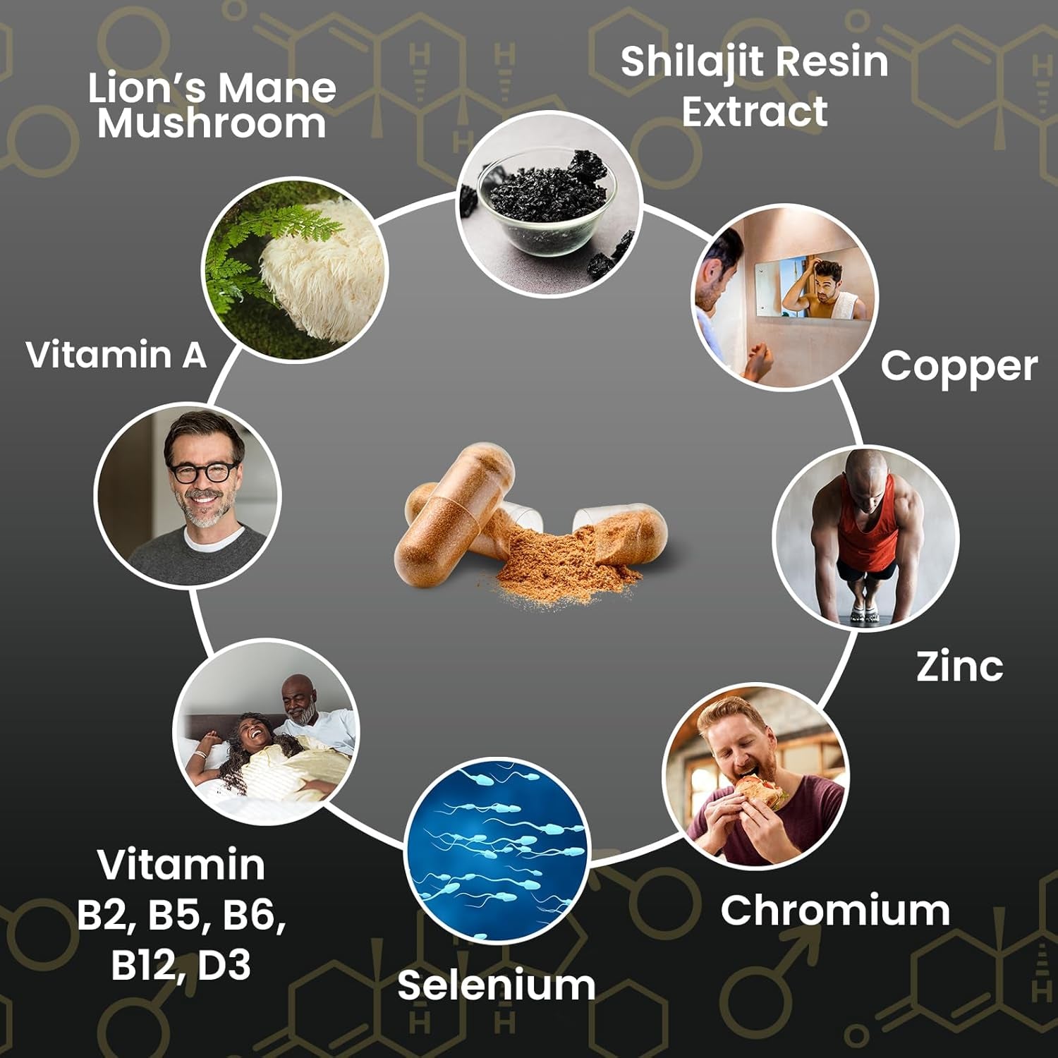 Fabü Shrooms Andropause - Natural Shilajit & Lion'S Mane Supplement for Men - Complete Multivitamin with Zinc, B12 & Minerals for Energy, Cognition & Testosterone Support - 60 Capsules