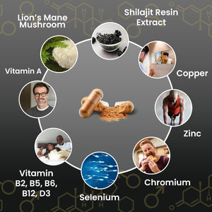 Fabü Shrooms Andropause - Natural Shilajit & Lion'S Mane Supplement for Men - Complete Multivitamin with Zinc, B12 & Minerals for Energy, Cognition & Testosterone Support - 60 Capsules