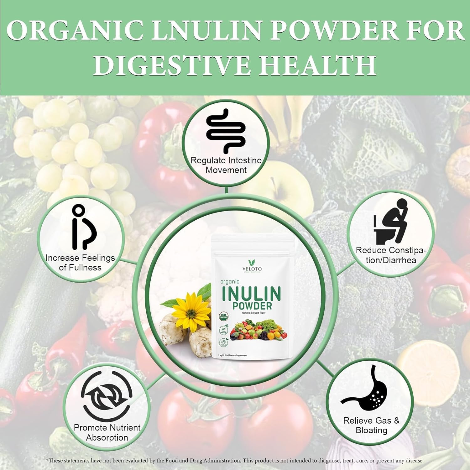 Organic Inulin Powder, Soluble FOS Inulin, Fiber Prebiotic Intestinal Support, Enhances Calcium Absorption, Vegan Friendly, Non GMO, Natural Fibers for Smoothie & Drinks, 2.2 Lbs/1 Kg