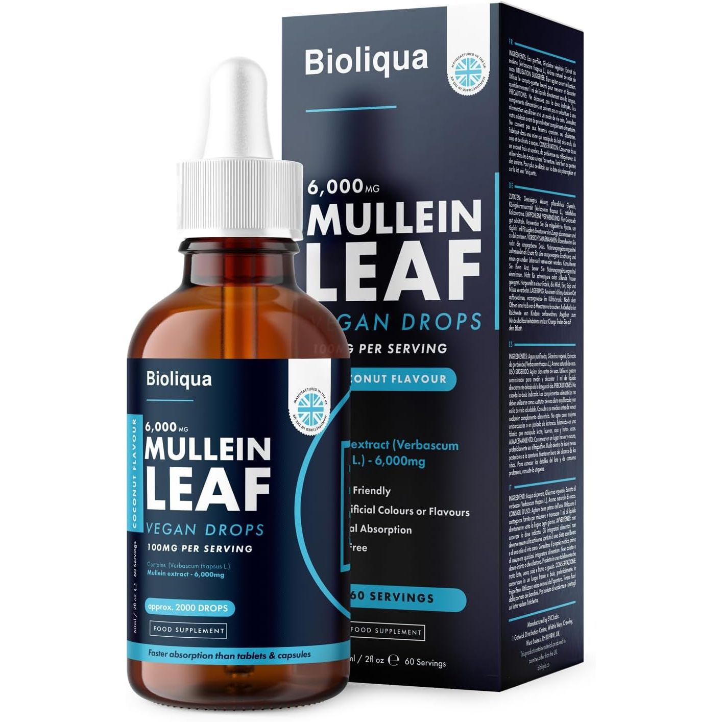 Mullein Leaf Liquid Drops - 60Ml - 2 Month Supply - High Strength - Vegan - 60 Servings - Premium Mullein Leaf Extract - 6,000Mg per Bottle - Fast Absorption - UK Made by Balance (1X Pack)
