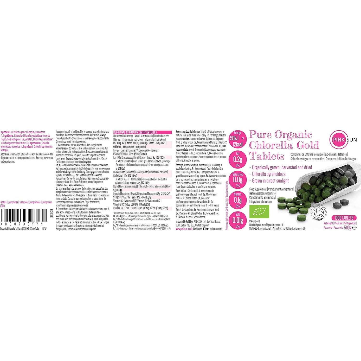 PINK SUN Organic Chlorella Tablets 500Mg X 1000 Tabs Pyrenoidosa Broken Cell Wall Cracked Gluten Free Non GMO Vegetarian Vegan Certified Organic by the Soil Association 500G Bulk Buy