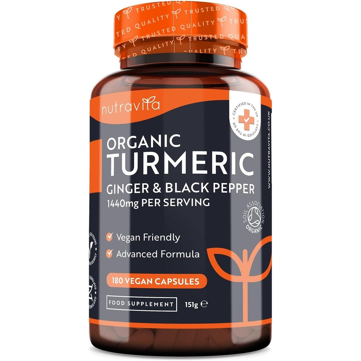 Organic Turmeric 1440Mg (High Strength) with Black Pepper & Ginger - 180 Vegan Turmeric Capsules (3 Month Supply) – Organic Termeric with Active Ingredient Curcumin - Made in the UK by Nutravita