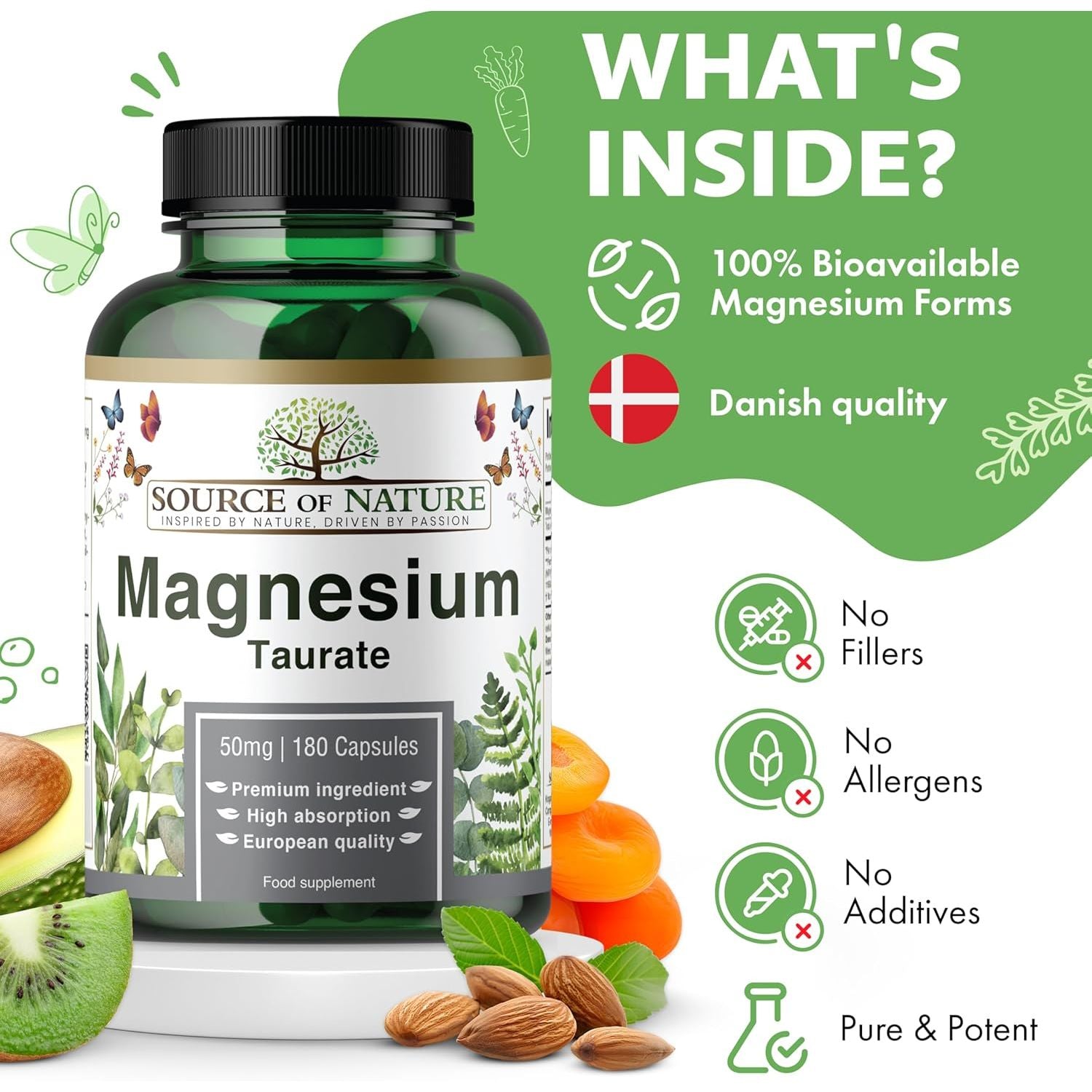 Source of Nature® | Magnesium Taurate 625Mg | 180 Capsules | 45-Day Supply | 50Mg Elemental | High Absorption | Gentle on Stomach | Lab-Tested Purity