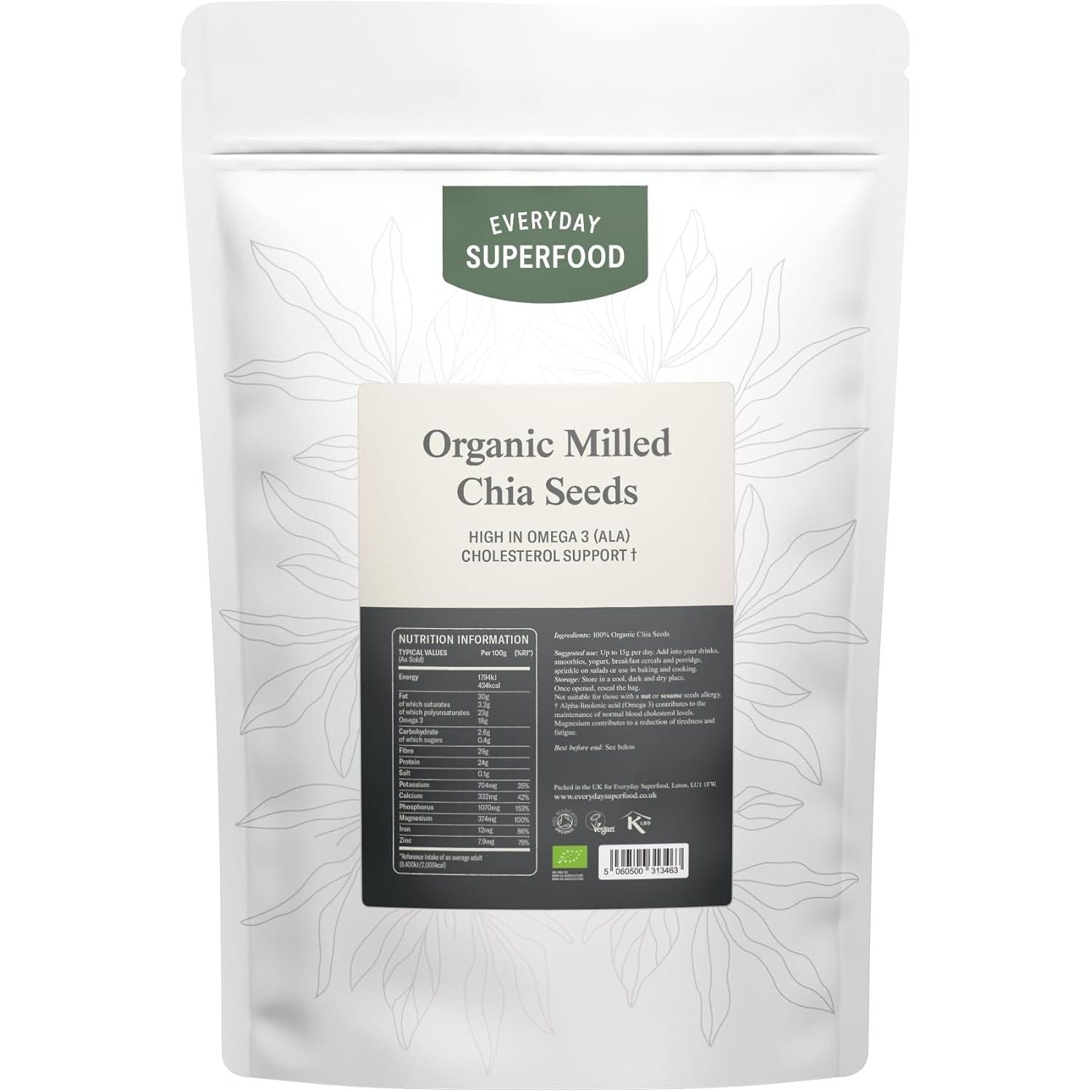 Everyday Superfood Organic Milled Chia Seeds 350G, Cold Ground Premium Chia Seed Powder
