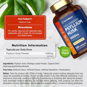Psyllium Husk Capsules 1400Mg | Fibre Supplement | 365 Vegan Capsules (6-Month Supply) | High Strength Psyllium Husk Powder | Natural Prebiotic | by Horbaach