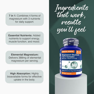 Zipvit Magnesium Glycinate 7-In-1 Complex, 1800Mg with 388Mg Elemental, High Absorption with Bisglycinate, Malate, Citrate, Oxide, plus Vitamin D3, B6 & Zinc, 120 Capsules, Vegan Magnesium Supplements