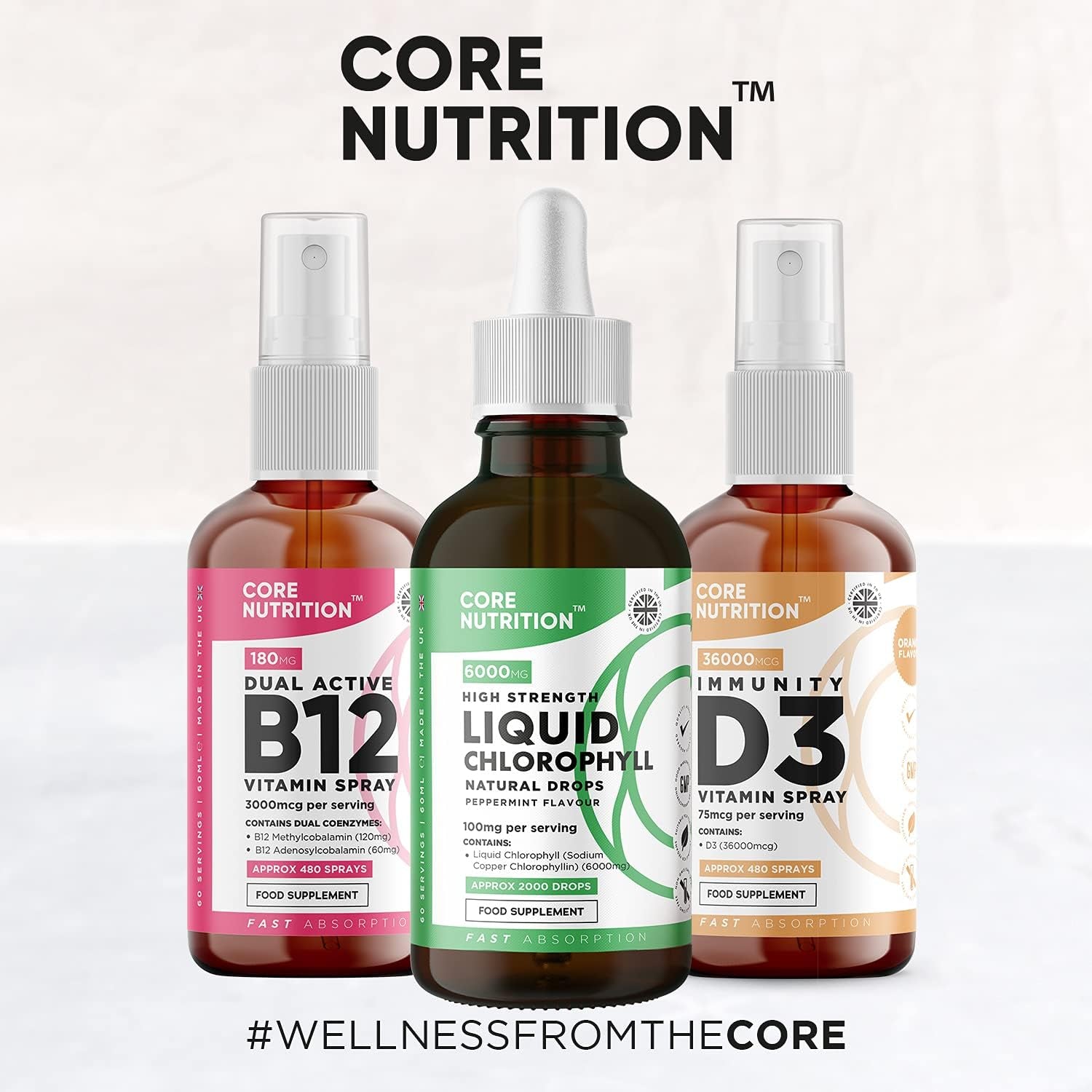 Liquid Chlorophyll Drops for Water - High Strength of 6000Mg per 60Ml Bottle at 4X Concentration - 2 Month Supply of Chlorophyll Liquid Drink - Made in UK by Core Nutrition