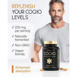 Coq10 Supplement - Coenzyme Q10 High Strength 200Mg - 60 Capsules - Heart Health & Antioxidant - Vegan Naturally Fermented Ubiquinone - Co Enzyme CQ10 High Absorption - UK Made