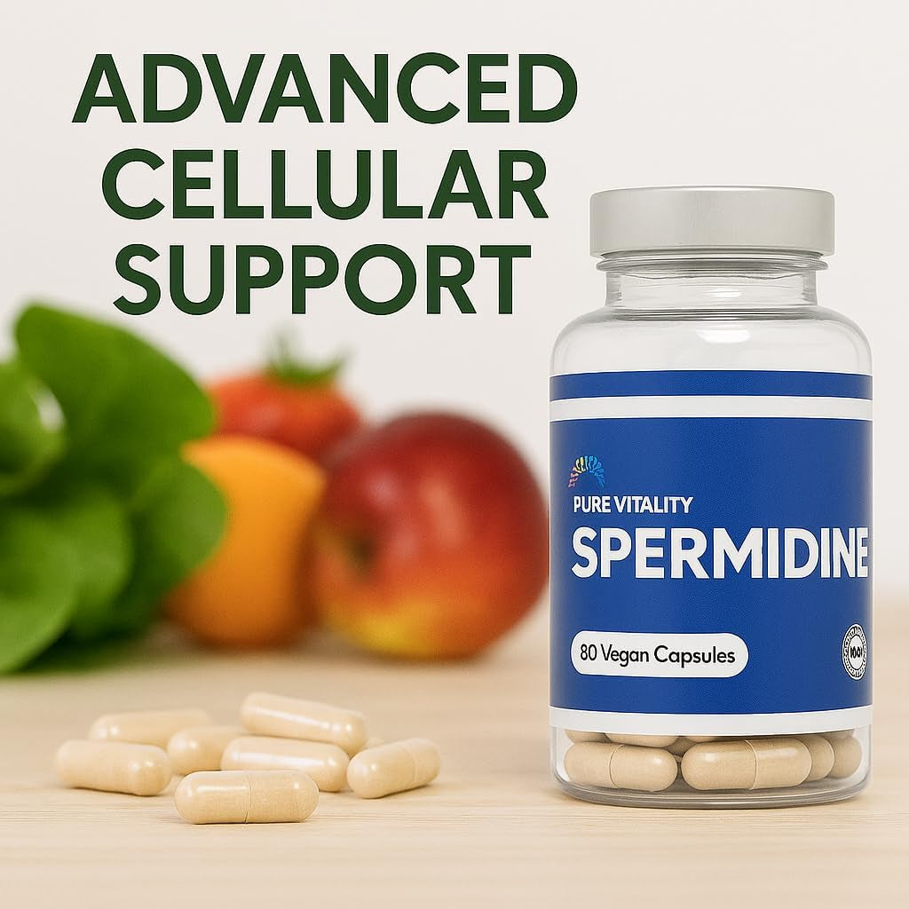 Pure Vitality : Spermidine Trihydrochloride 98% Purity - 90 X 8Mg Vegan Capsules - GMP HACCP Certified - UK Manufacturer - Gluten Free - Lab Tested - Optimal Dosage