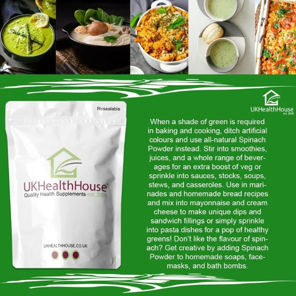Ukhealthhouse Spinach Powder Superfoods Green Superfood Powders Diet Vitamin Smoothie Energy High in Fibre Protein Iron, Source of Vitamins C Minerals (100G)