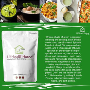 Ukhealthhouse Spinach Powder Superfoods Green Superfood Powders Diet Vitamin Smoothie Energy High in Fibre Protein Iron, Source of Vitamins C Minerals (100G)