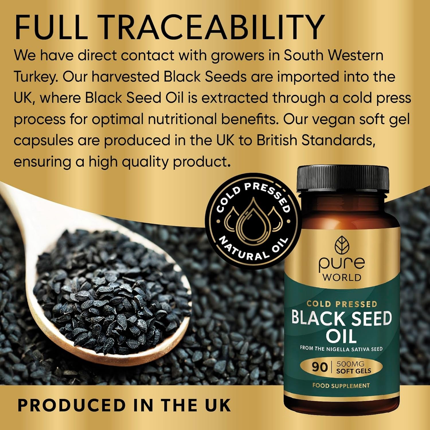 Pure World Natural Black Seed Oil 90 Piece Capsules Vegan Premium Cold Pressed Easy to Swallow Produced in UK