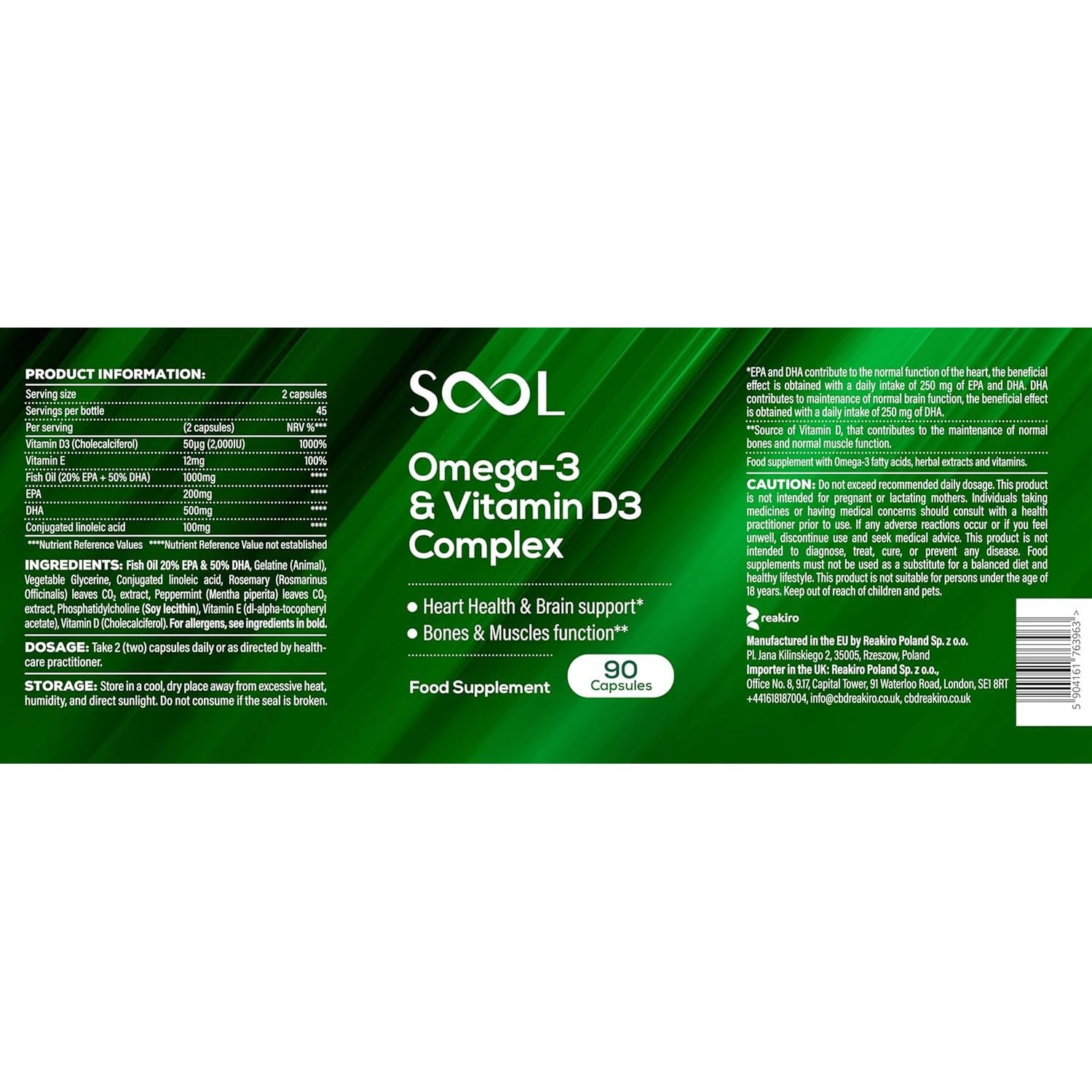SOOL Omega-3 & Vitamin D3 Complex Soft Gels, 90 Capsules I 20% EPA & 50% DHA I Two-A-Day Omega-3 Supplement I Vitamin D3 2000IU per Serving I High Absorption Formula I Brain Function & Mental Clarity