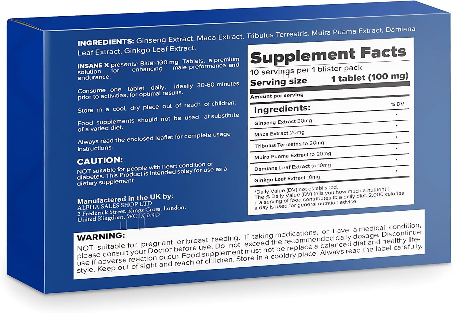 INSANE X - 10 Extra Strong Pills for Men UK - Natural Fast-Acting Ginseng Tablets for Men - for Enhanced Performance & Stamina - Food & Herbal Supplement