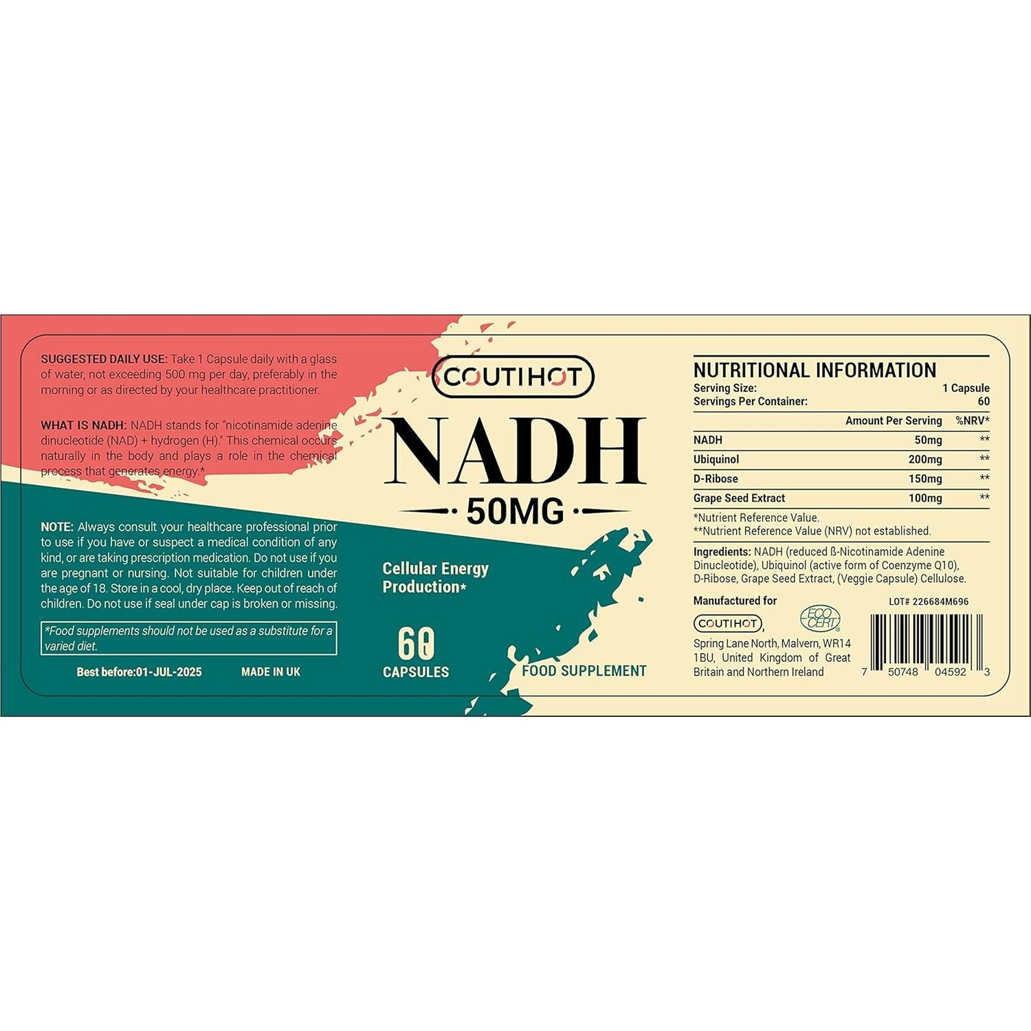 NADH 50 Mg plus Coq10 200 Mg, NADH Capsules - Energy and Fatigue Support, ATP Production - 60 Counts for 60-Day Supply