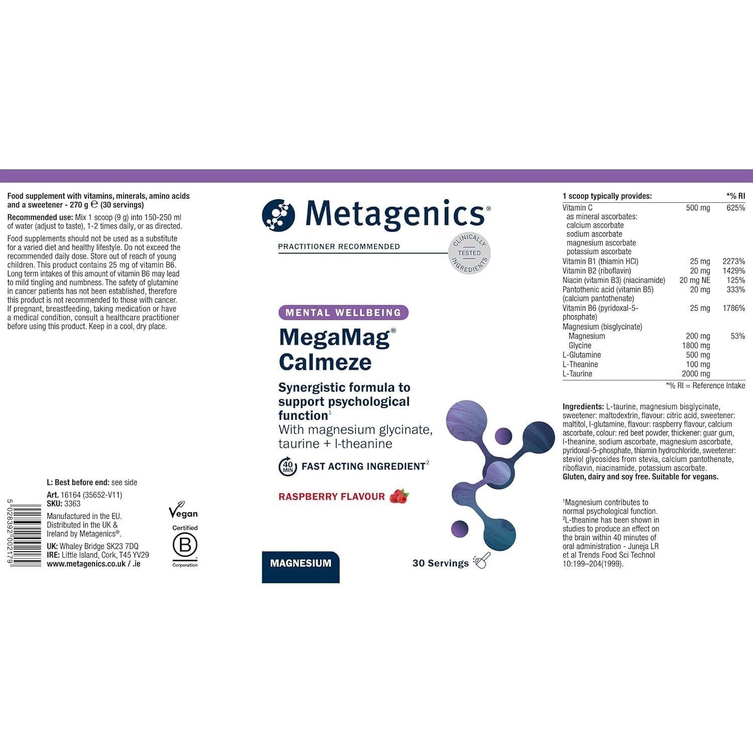 Metagenics Megamag Calmeze Magnesium Powder - High Potency Magnesium Glycinate for the Reduction of Fatigue & Tiredness - Raspberry, 30 Servings