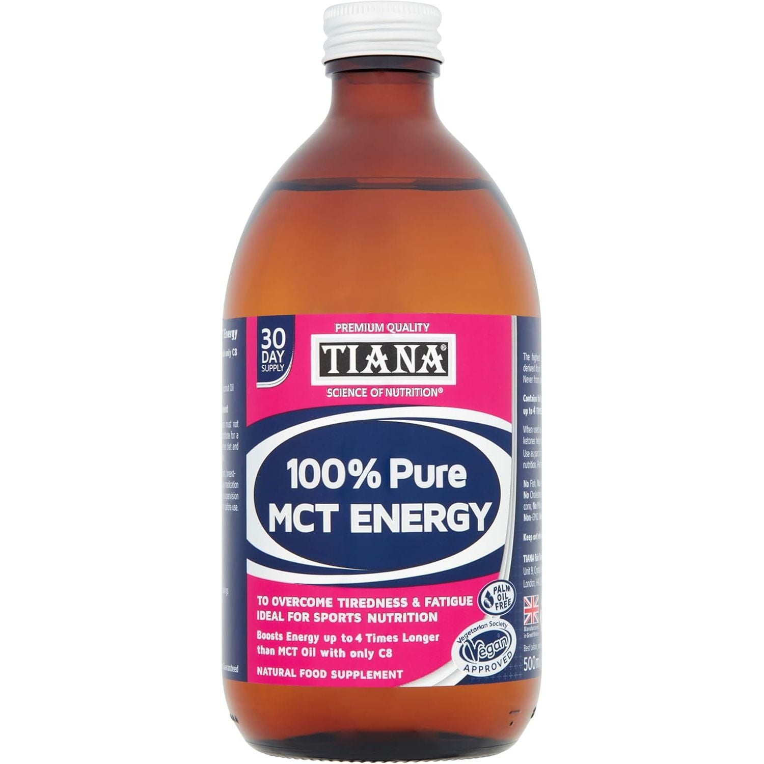 Tiana Fairtrade Organic Pure MCT Oil Energy, Weight Loss. Unflavoured, 500Ml Glass Bottle