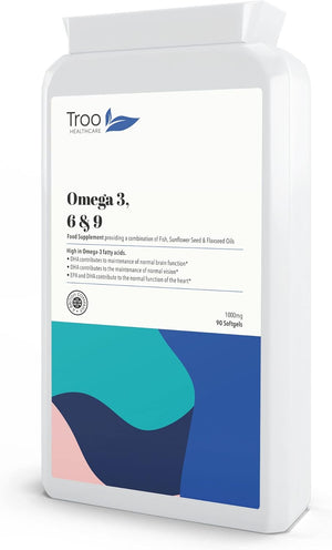 Troo Health Care Omega 3 6 9 Fish Oil 1000Mg 90 Softgel Capsules - Essential Fatty Acids Including EPA, DHA & ALA for Daily Brain, Vision, Heart, Cholesterol, Pregnancy Support