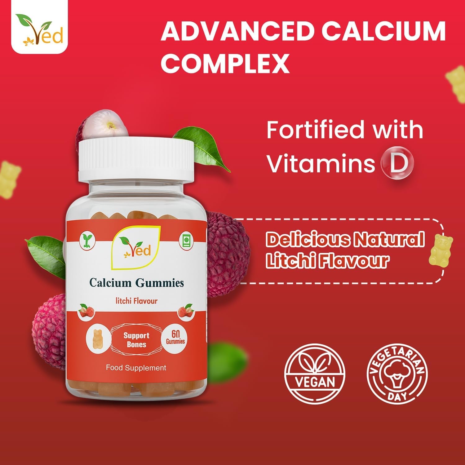 Ved Calcium Gummies; Chews Litchi Flavour, Calcium & Vitamin D Gummies, Vegetarian Vegan Health Supplement - 60 Chews 30 Days’ Supply