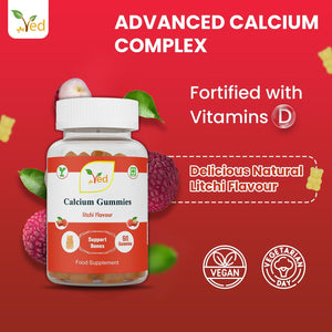 Ved Calcium Gummies; Chews Litchi Flavour, Calcium & Vitamin D Gummies, Vegetarian Vegan Health Supplement - 60 Chews 30 Days’ Supply