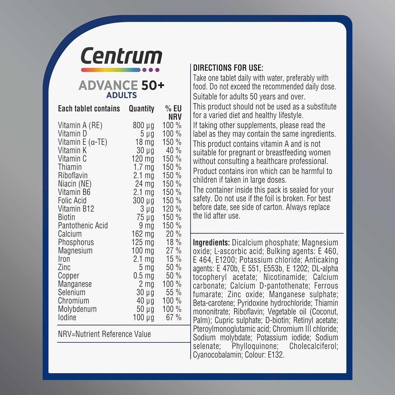 Centrum Advance 50+ Tablets Multivitamin & Mineral Supplements, with 24 Essential Nutrients, Including Vitamin D, C, Zinc, 30 Ct