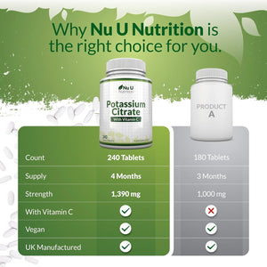 Potassium Supplement High Strength 1550Mg & Vitamin C - 240 Vegan Tablets - 4 Month Supply - Potassium Citrate for Natural Electrolytes Support - Made in the UK - Nu U Nutrition
