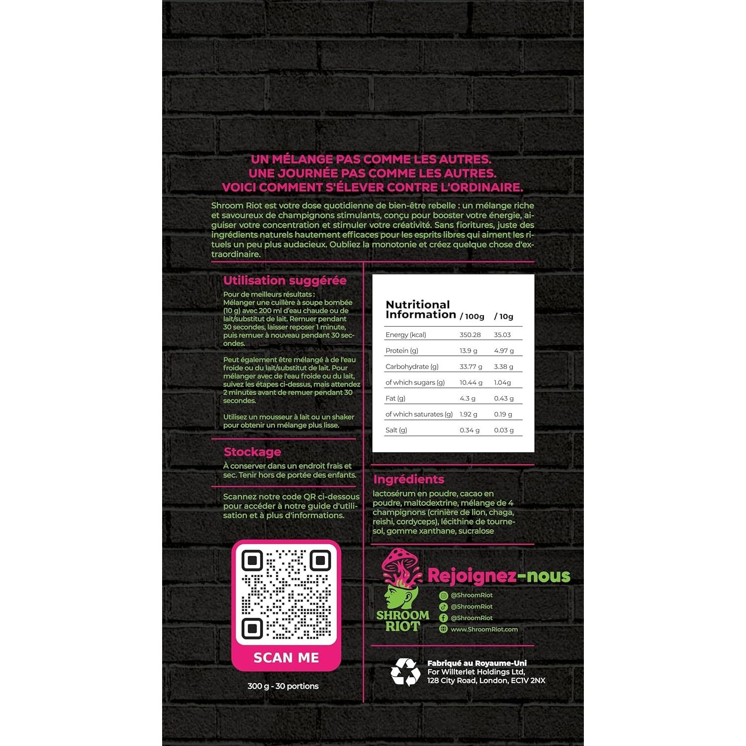 Shroom Riot Cocoa Mushroom Superblend | Instant Chocolate Powder Drink with Lion’S Mane, Chaga, Reishi & Cordyceps | 300G | 30 Servings