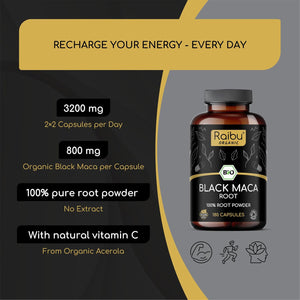 Organic Black Maca Root Capsules - High Strength Peruvian Maca Root (No Extract, Whole Root) - 3200Mg Daily Dose, 180 Vegan Capsules - with Vitamin C from Acerola - UK Quality Standards
