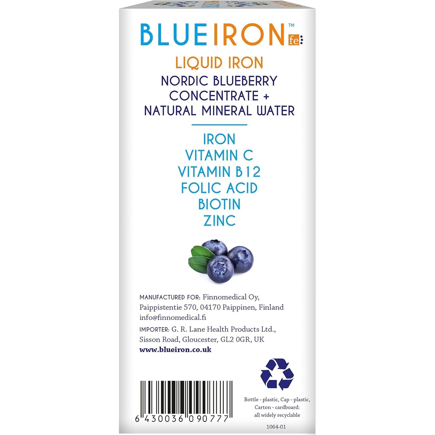 Blueiron Liquid Iron Supplement with Nordic Blueberries + Vitamin C, Vitamin B12, Folic Acid, Biotin and Zinc | 250Ml | Suitable for Vegans | Easily Absorbed and Gentle on the Stomach