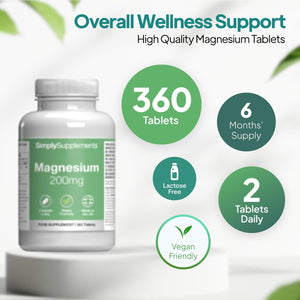 Magnesium 200Mg Tablets | Supports Normal Muscle Function | Vegan & Vegetarian Friendly | 360 Tablets = 6 Months’ of Supply | Made in the UK in Accordance with GMP Standards
