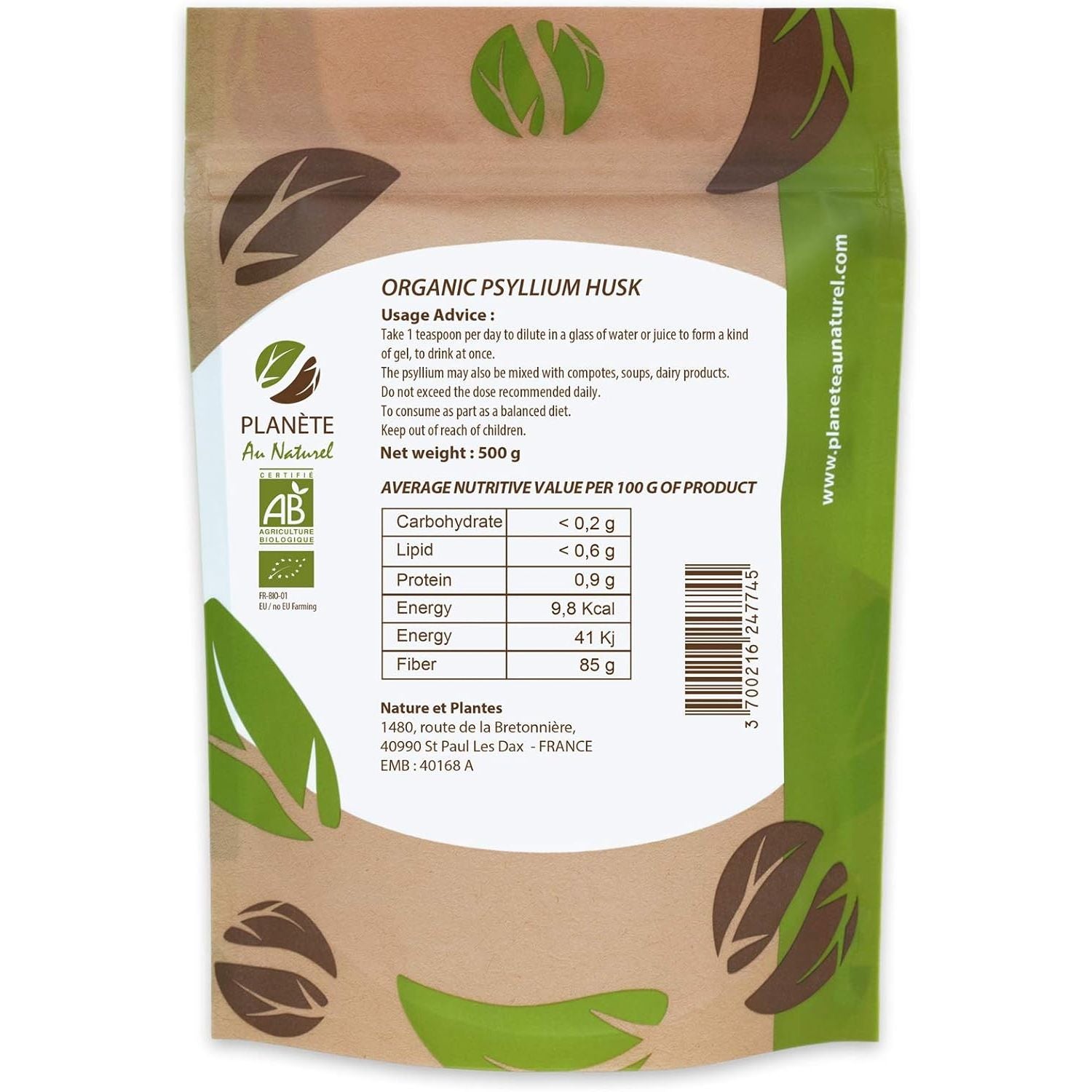 Organic Raw Psyllium Husk - 99% Pure Grade - Natural Fiber - 500 G